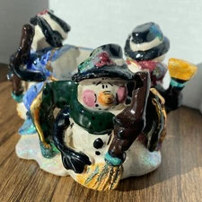Blue Sky Heather Goldminc Snowman Trio w Brooms Tea Light Candle Holder