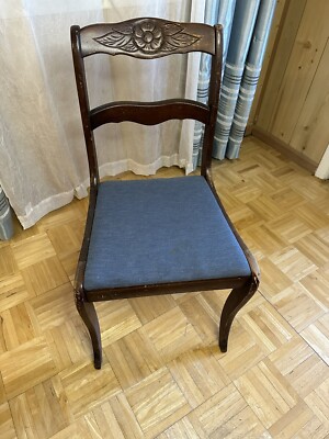 Vintage Art Deco Era Solid Mahogany Rose Dining Chair with Blue Upholstery 