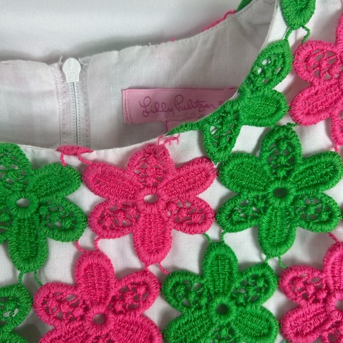 Lilly Pulitzer Truly Petal Pink Green Crochet Lace Pearl Dress Lined Girls 12 - Picture 12 of 12