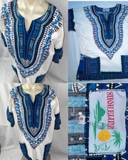VTG MENS WOMENS L ALL OVER PRINT DASHIKI TUNIC AFRICAN HIPPIE CABANA SHIRT