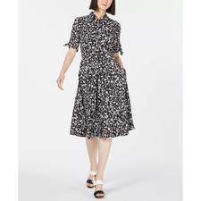 Calvin Klein Women's Black White Floral Print Tie-Sleeve Shirt Dress Size 8