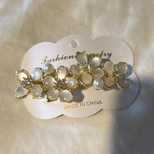 Gold Tone Metal Floral Flower Barrette Clip w Faux Pearls  Rhinestones