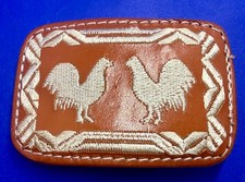 Two Roosters Fighting Game Cock Stitched on Tooled Leather Western Belt Buckle