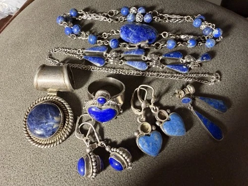 Southwest Sterling Silver Blue Lapis Necklace Earrings Ring Vtg Jewelry Lot -NR