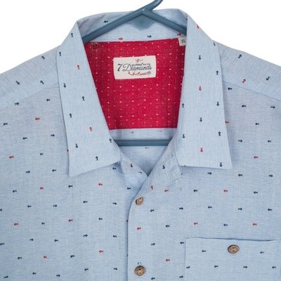 7 Diamonds Mens Short Sleeve Button Up Shirt Blue Fishbone Pattern XL