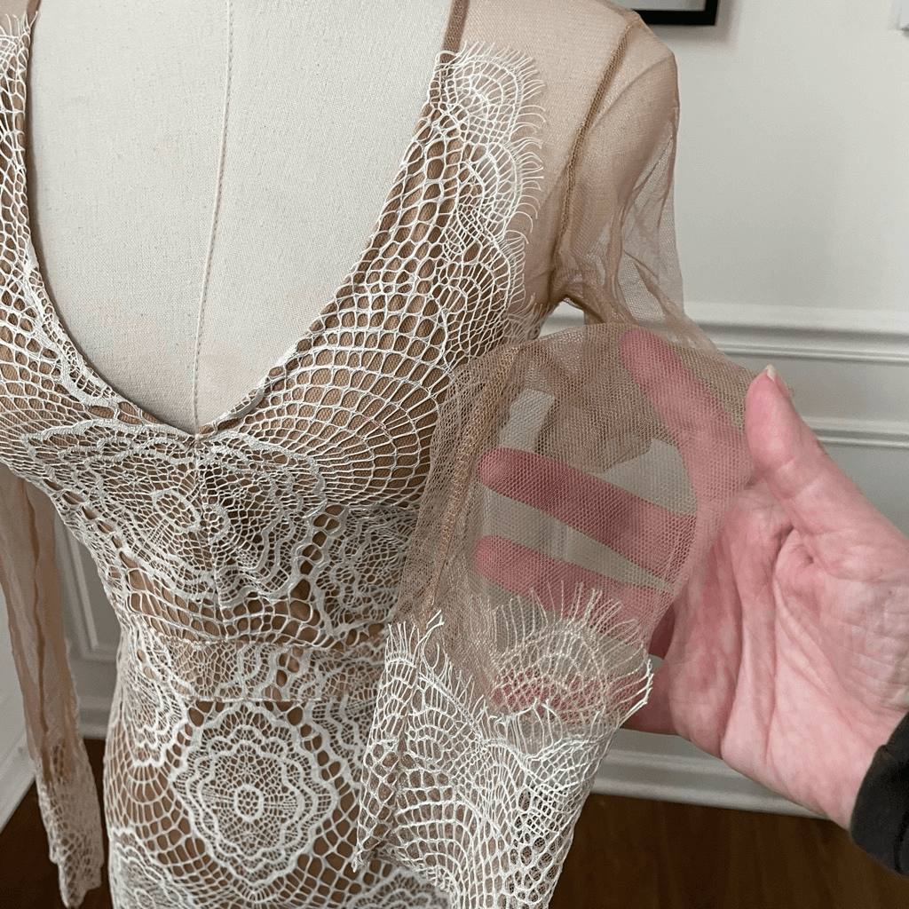 Luxxel Luxxel White Crochet Lace Nude Mesh Sheath Dress Long Sleeves XS | Sz: XS | Color: White tan