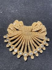 Antique Ornate Molded Tan Celluloid Clear Rhinestones Bow Fan 2.15 x 2.63"