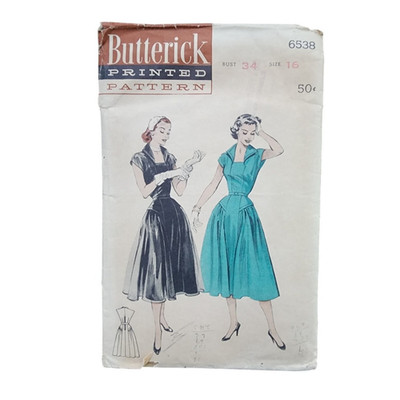 Vintage 50s ORIGINAL Sewing Pattern Midi Dress Wing Collar Butterick 6538 