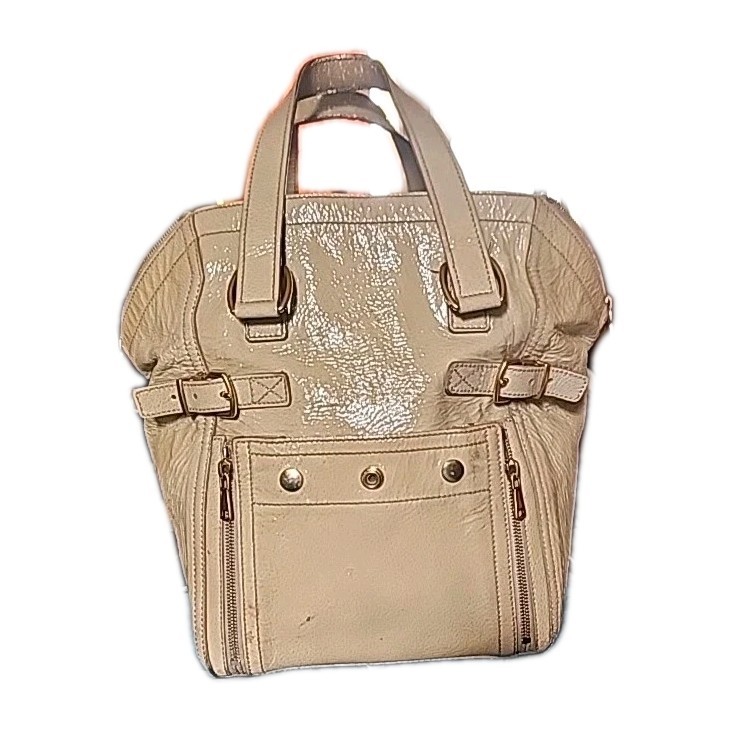 SAINT LAURENT Borsa YSL Downtown beige giallo in vernice. La migliore borsa di tutti i giorni