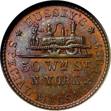 1863 New York City Civil War Token Hussey's Steam Train Locomotive NGC MS64 RB