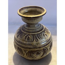 Mid Century MOD Signed Pottery Vase Pat Collins Brown Tan