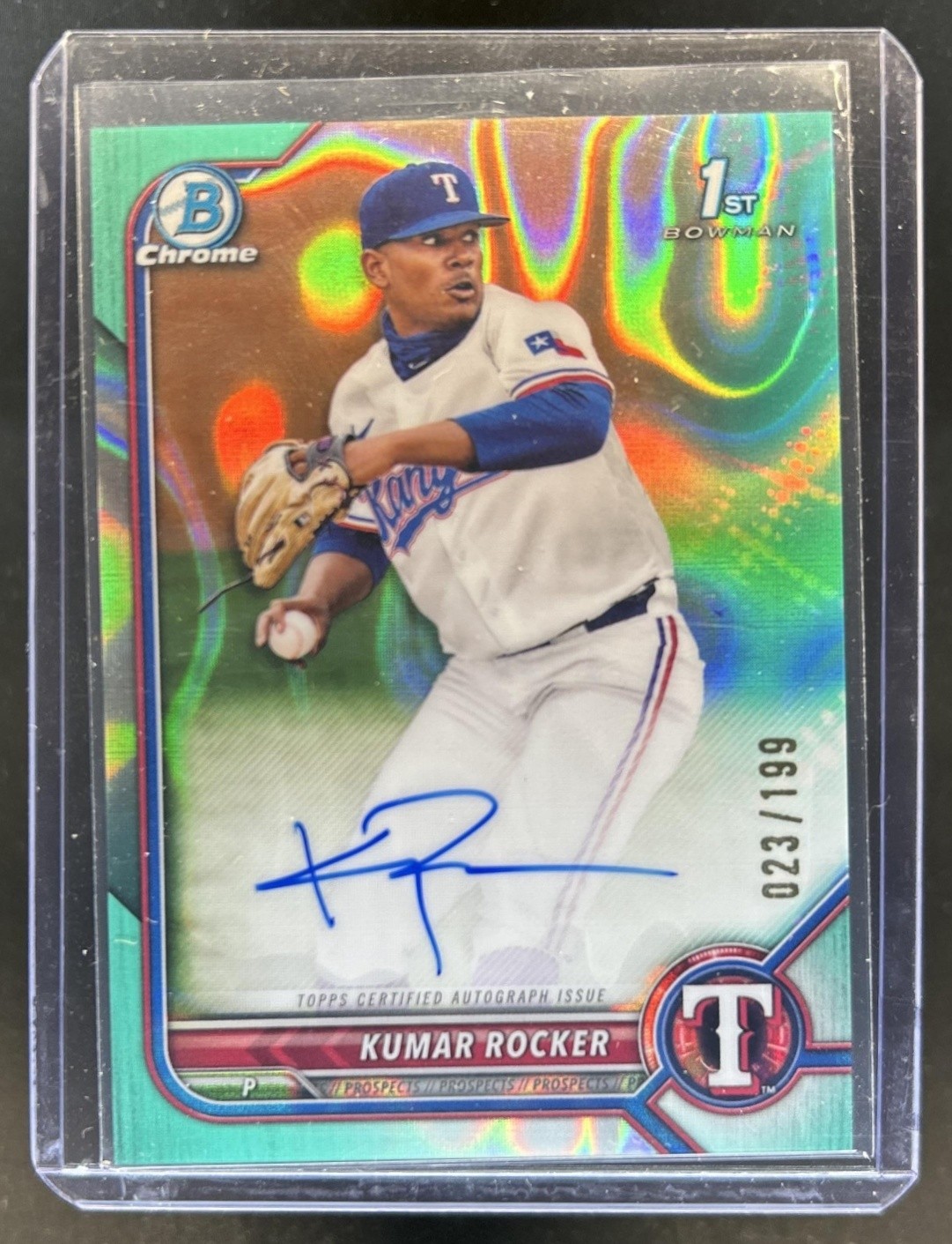 2022 Bowman Draft Kumar Rocker Chrome Auto Aqua Lava Refractor 1st #/199 Rangers