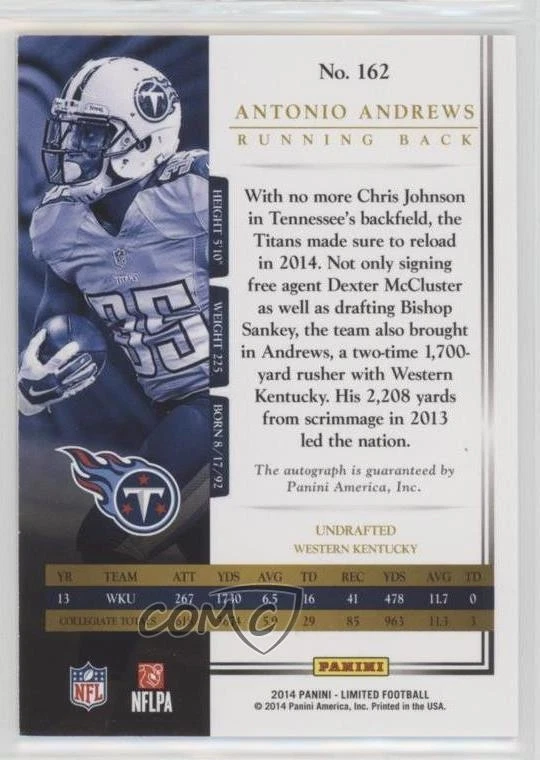 2014 Limited Signatures Silver Spotlight /49 Antonio Andrews #162 Rookie Auto RC - Image 2 of 2