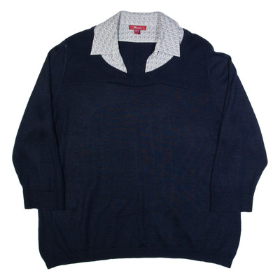 MONSOON Damen Pullover Blau Kragen Eng Strick 3/4 Arm Wolle UK 22
