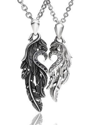 Vervi 925 Sterling Silver Feather Heart Pair Necklace for Men and Women (Include