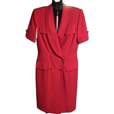 Vtg Jacqueline Ferrar Red Blazer Dress Size 8 Double Breasted Scallop Pkts Lined