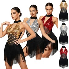 Women Costume Samba Latin Dance Rumba Color-blocked Shiny Dress Sequins Bodice