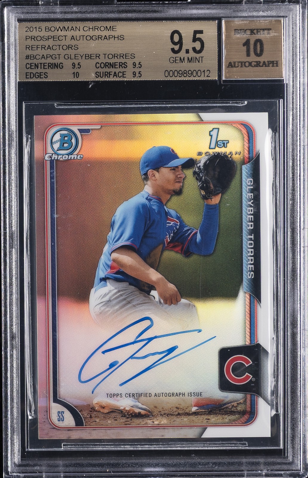2015 BOWMAN CHROME AUTO PRSPCT REFRACTOR #GT GLEYBER TORRES #/499 BGS 9.5