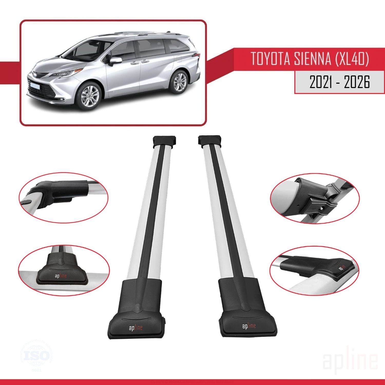 Barres de toit haut de gamme gris alu pour Toyota Sienna XL40