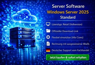 Windows Server 2025 Standard Retail alle Cores Produktschlüssel 2 Aktivierungen 