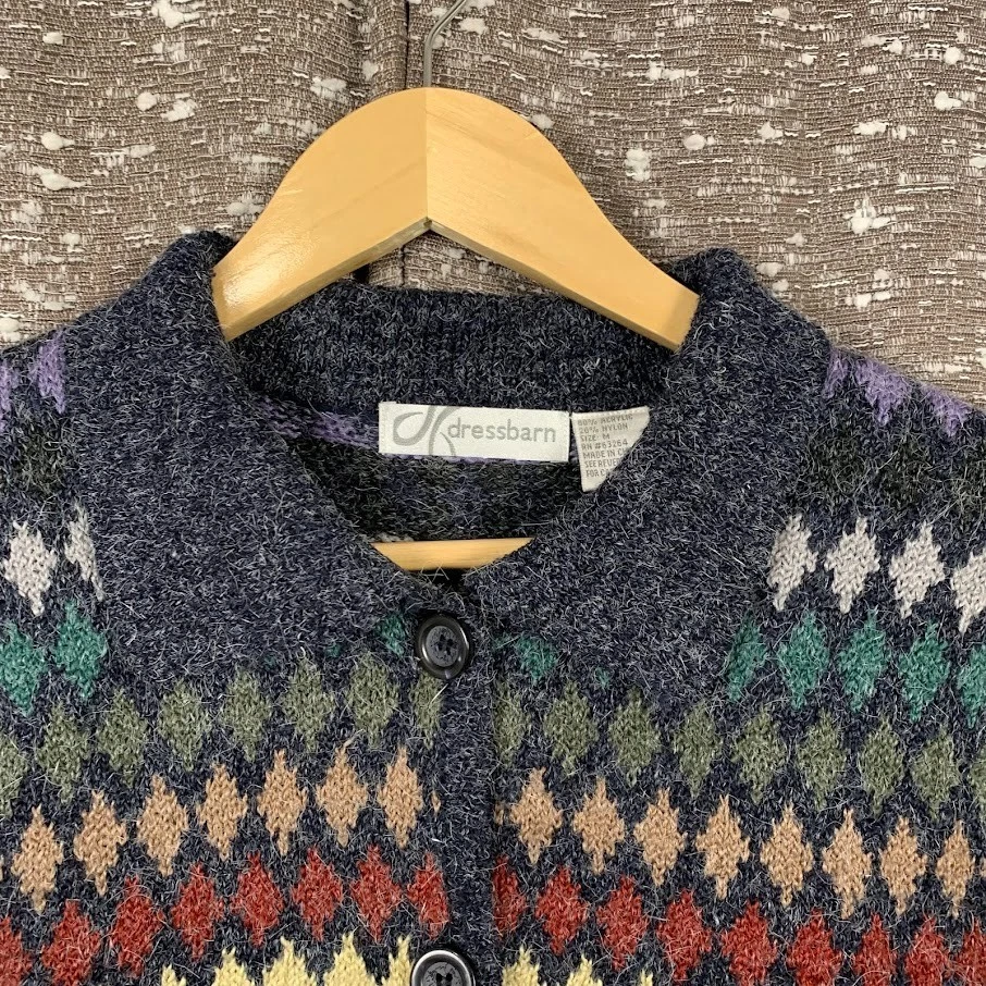 Cárdigan suéter vintage Dressbarn colorido tejido diamantes preppy para mujer M Foto 4 de 4