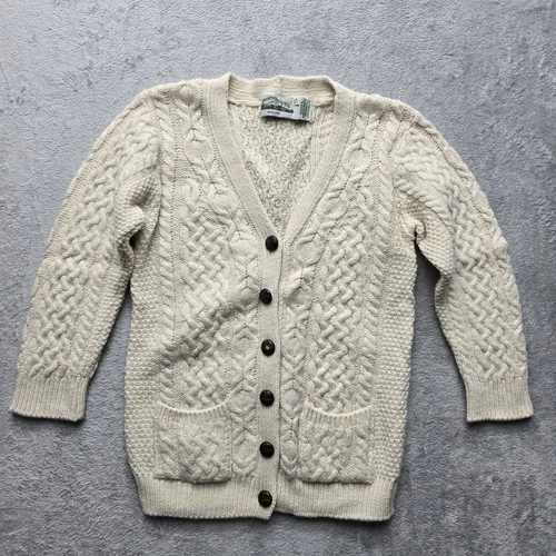 Aran Crafts Cardigan Sweater S Merino Wool Cable Knit Fisherman Chunky Cream