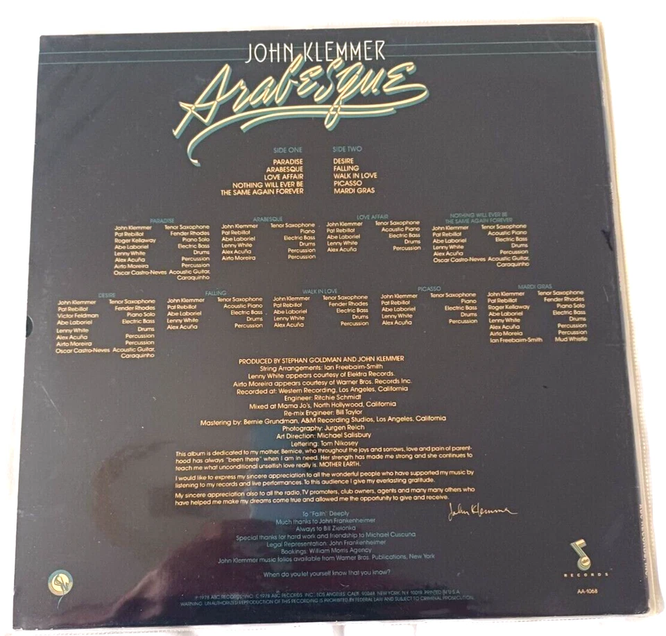 John Klemmer - Arabesque LP, 1978 Album BY ABC Records AA-1068 Canada Foto 3 de 3