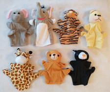 Plush Hand Puppets Lot Of 7 Animals Elephants Tiger Bear Giraffe Lion Cat