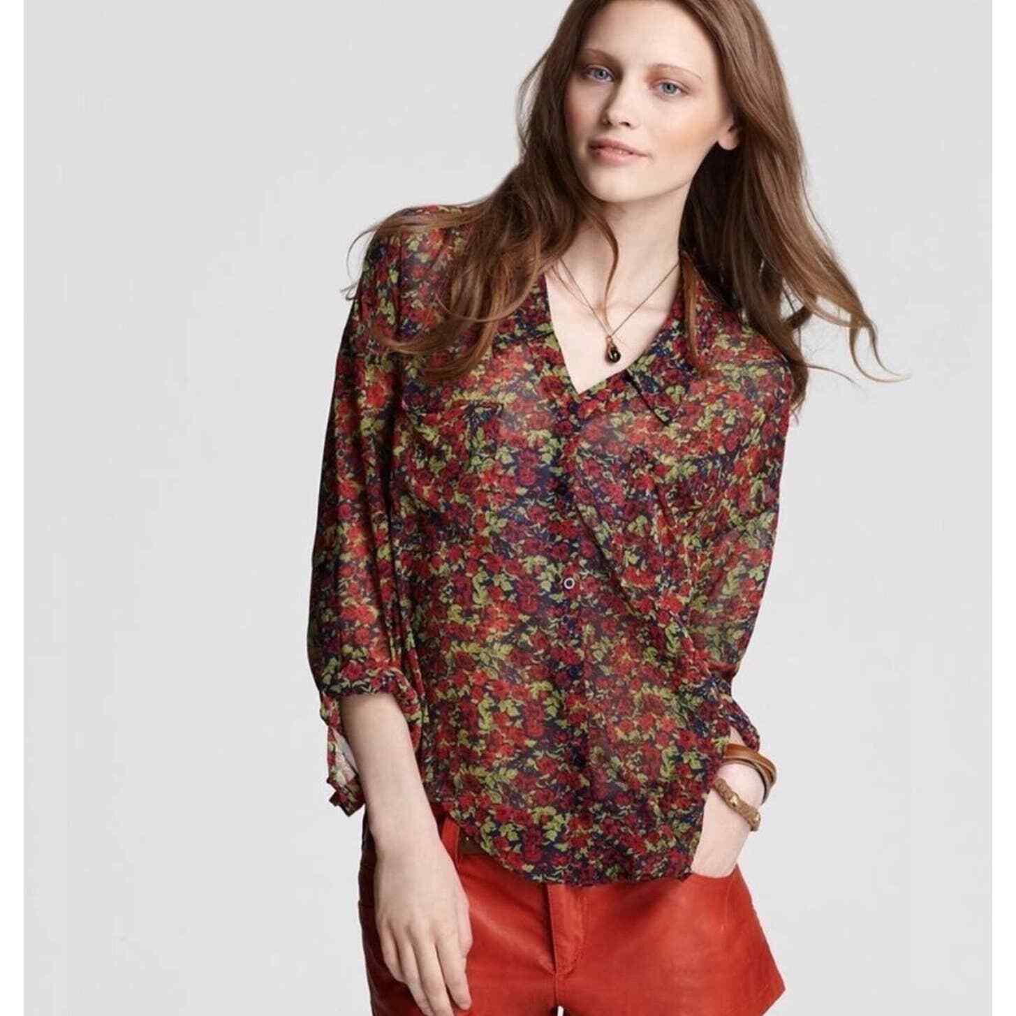 Free People Easy Rider Floral Sheer Button Down Top L… Gem
