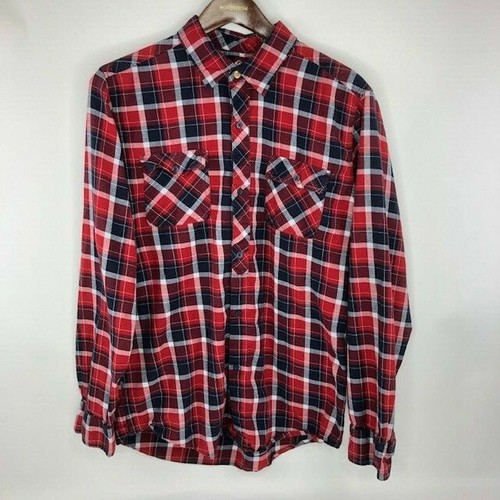 Quicksilver mens shirt long sleeve button up red white blue plaid size Large