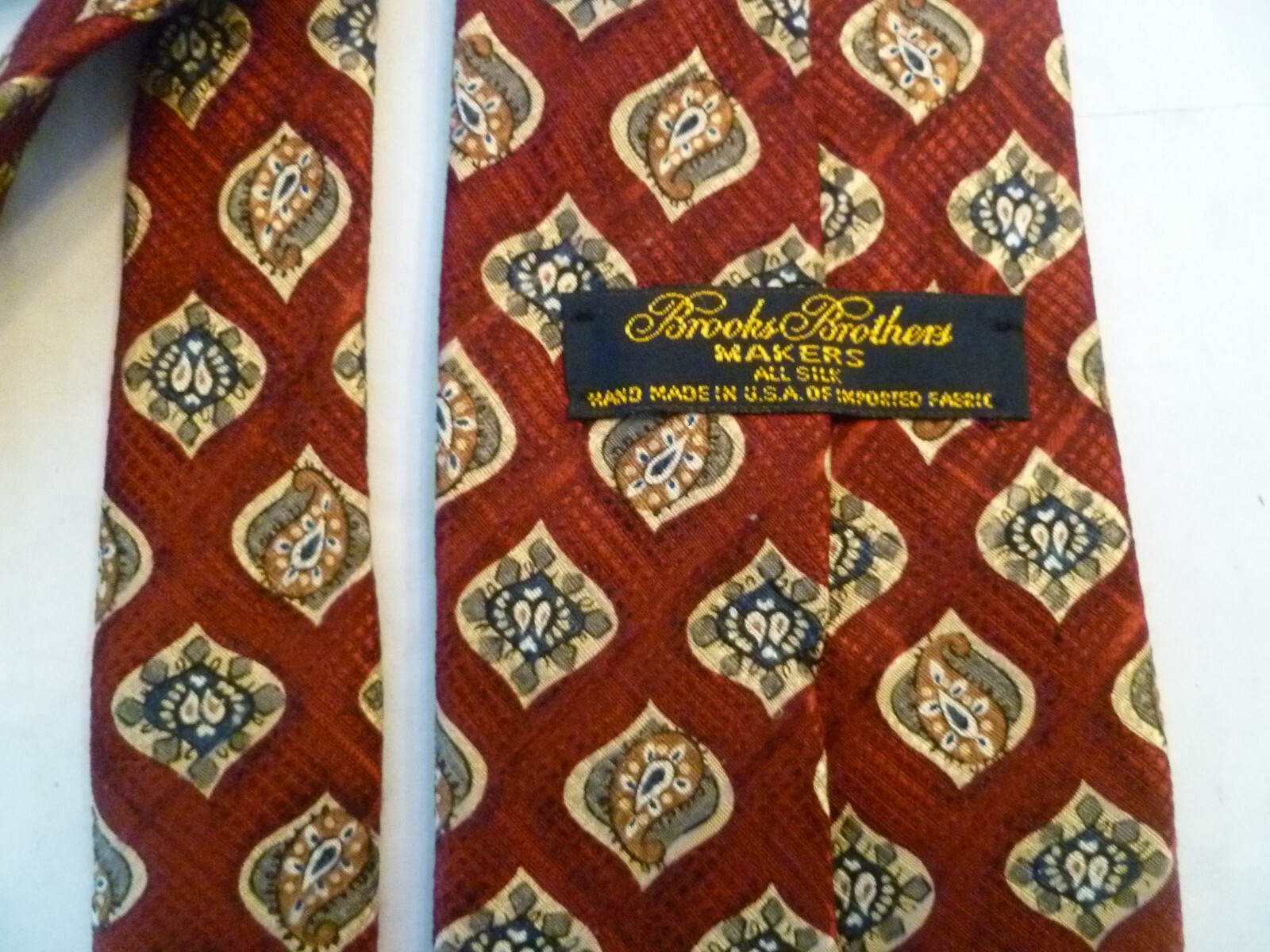 Mens neck tie Brooks Brothers silk maroon green paisley geometric thumbnail 2