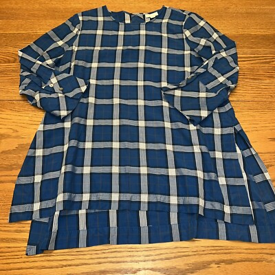 J. Jill Atlantic Plaid Tunic Top Size S Hi-lo Button Back 3/4 Sleeves Blue Slits