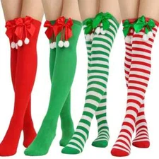 1 Pair Festive Christmas Striped Over the Knee-High Socks Stockings Women Girls