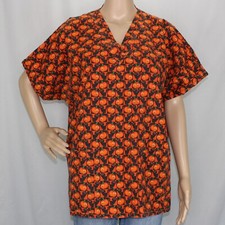 Halloween Themed Short Sleeve Small Scrub Top Jack-O-Lanterns and Black Cats