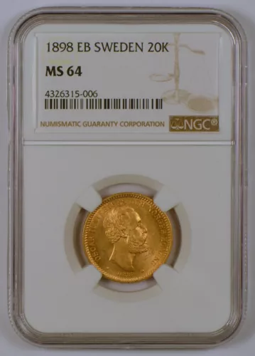 1898 EB Sweden 20 Kronor for Oscar II, NGC graded MS64