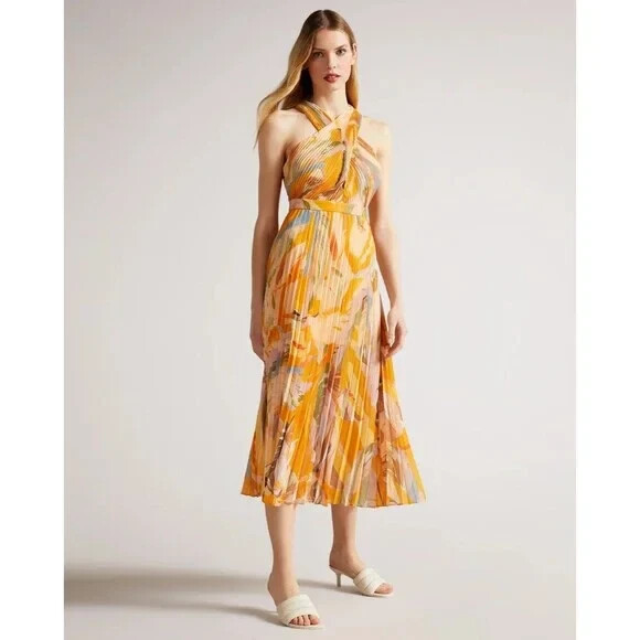 NEW, Ted Baker Ansa Cross Pleated Midi Dress Yellow Dark Orange 1
