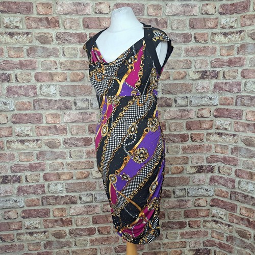 Joseph Ribkoff Dress 10 Purple Black Fitted Knee Length Stretch Buckle Neck - Picture 6 of 12