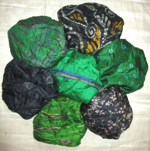 LOT PURE SILK Vintage Sari REMNANT Fabric 7 Pcs 1 ft Green Black Cushion #ABD7G - Picture 1 of 4