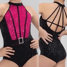 Weissman Elite dance costume Black hot pink sequin Cadenza 13777 MC-Medium child