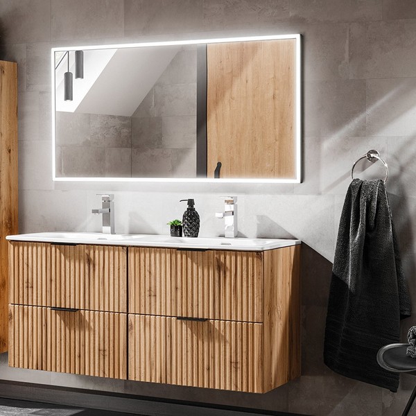 Badezimmer BadmöBel Set Waschtisch Doppelwaschtisch Led Spiegel Eiche Gerillt-image