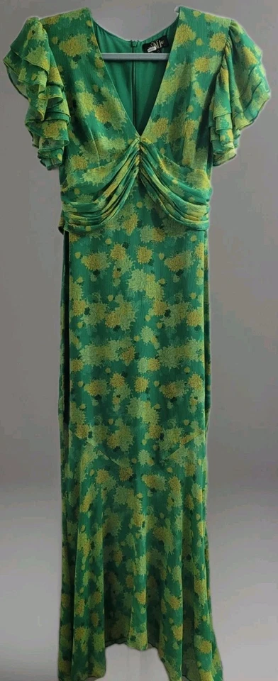 De La Vali Palmera Green Floral Chiffon Maxi Dress UK 12 US 8 Ruffle Sleeve $676 - Image 3 of 4