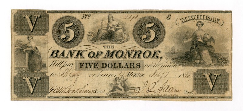 1836 $5 The Bank of Monroe - Monroe, MICHIGAN Note