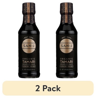 2 pack San J Tamari Soy Sauce Organic 10 Fl oz, in a Glass Bottle.
