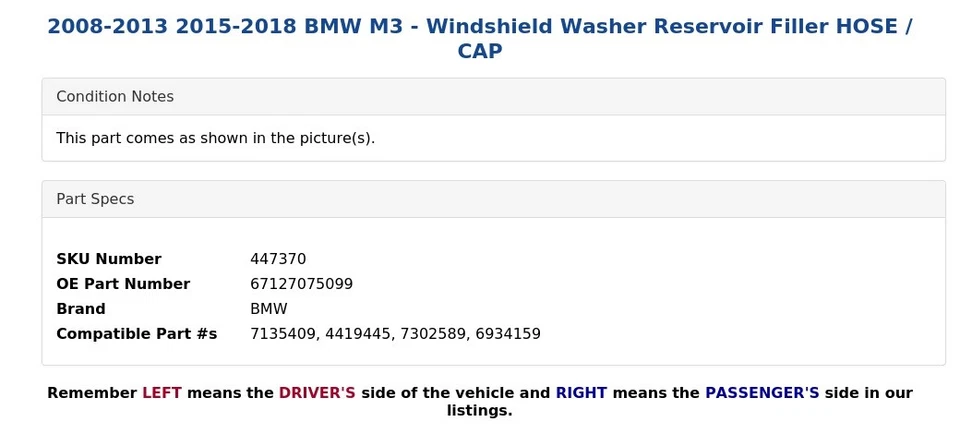 BMW M3 2008-2013 2015-2018 - Parabrisas Lavadora Depósito Relleno Manguera/Tapa Foto 3 de 3