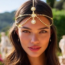 Aukmla Gold Rhinestone Head Chain Crystal Headpiece Festival Prom Headband Hair