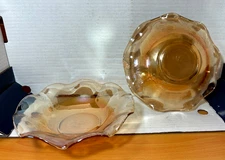 2 Vintage Marigold Jeanette 1950 Depression Glass Embossed Ruffled Serving Bowls