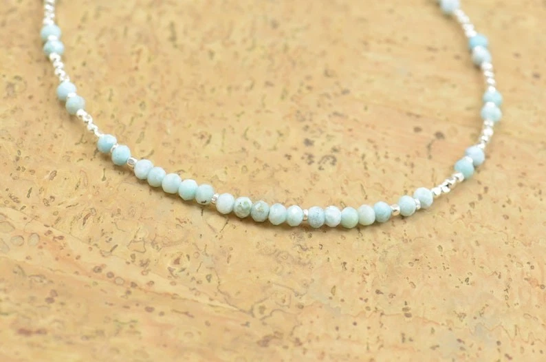 Collares redondos facetados pequeños azul amazonita 2-3 mm piedras preciosas con cuentas hombres mujeres 18" Foto 2 de 4