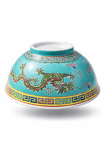 Set of 2 Vintage Chinese Dragon Embossed Porcelain Bowls 400ml Turquoise