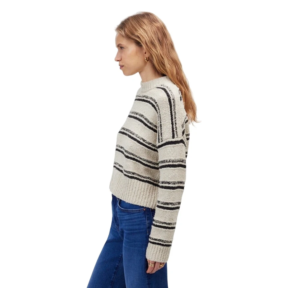 Suéter Madewell Hilo de Pestañas Rayas Cuello Redondo Crema Negro Pequeño Nuevo con Etiquetas Foto 2 de 4