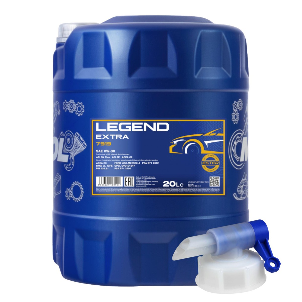 MANNOL Legend Extra 0W30 Motoröl 10 Liter Mit Ausgießer - API SN, ACEA C2/C3, Für Mercedes, Ford, Jaguar
